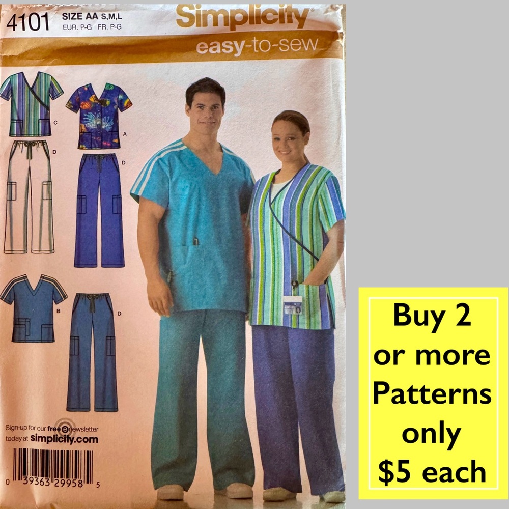 Simplicity 4101 Scrub Tops and Pants Sewing Pattern Uncut (S,M,L)